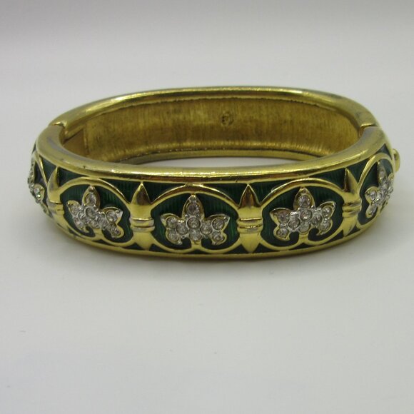 Swarovski Fleur De Lis Classic Green Enamel Hinged Bangle Bracelet Swan Vintage - Picture 1 of 9